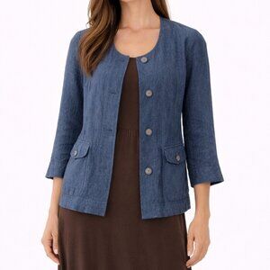 J. Jill Linen Jacket Size Medium Blue 3/4 Sleeve Lightweight Button Front